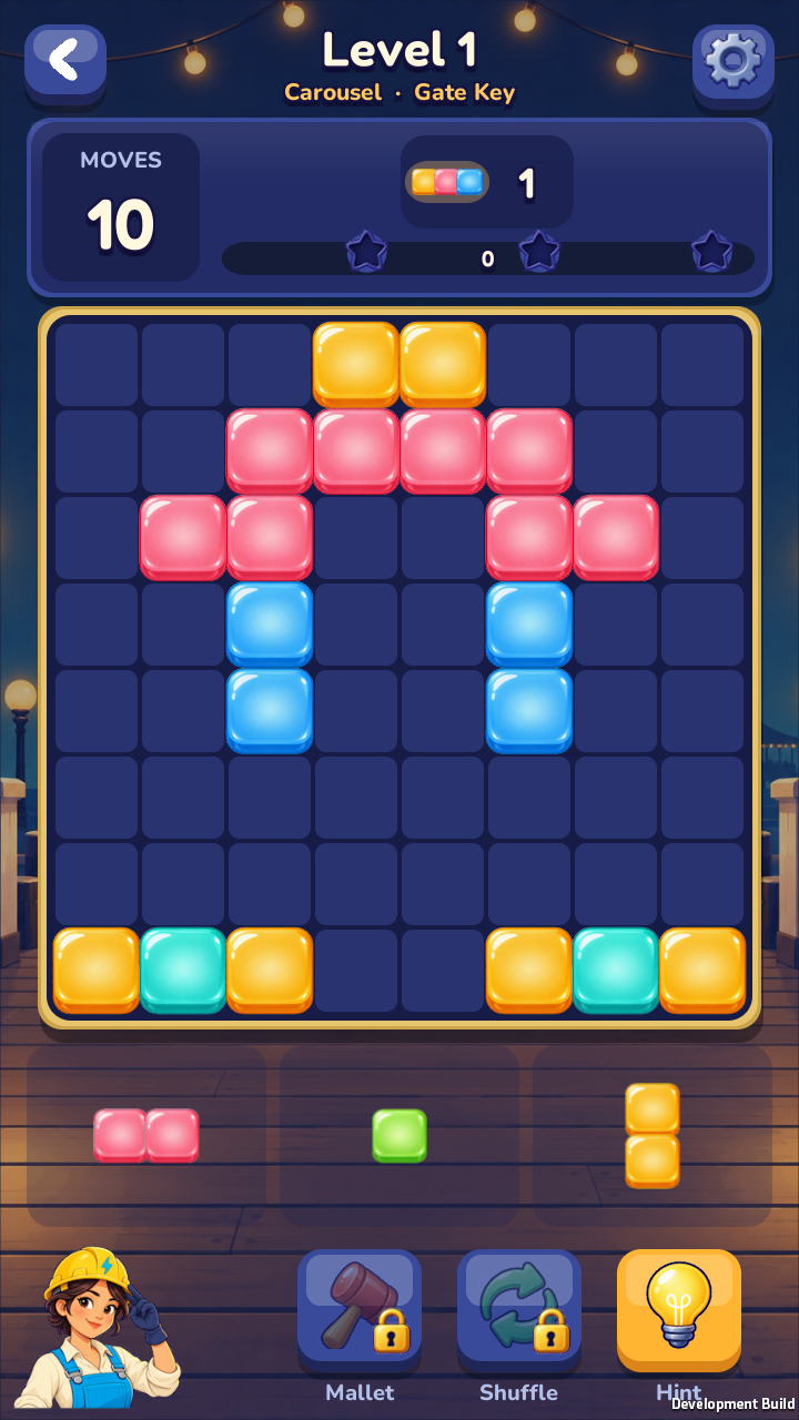 Pier Glow block puzzle gameplay on a colorful grid