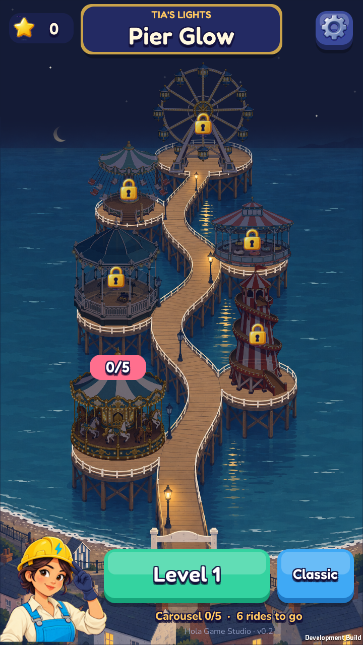 The Moonlit Harbor amusement park, with glowing rides and paths