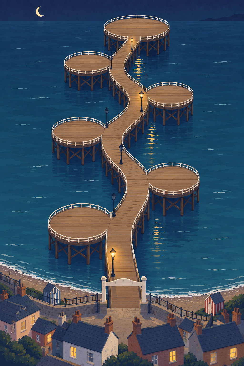 A warmly lit seaside amusement pier under a deep blue evening sky