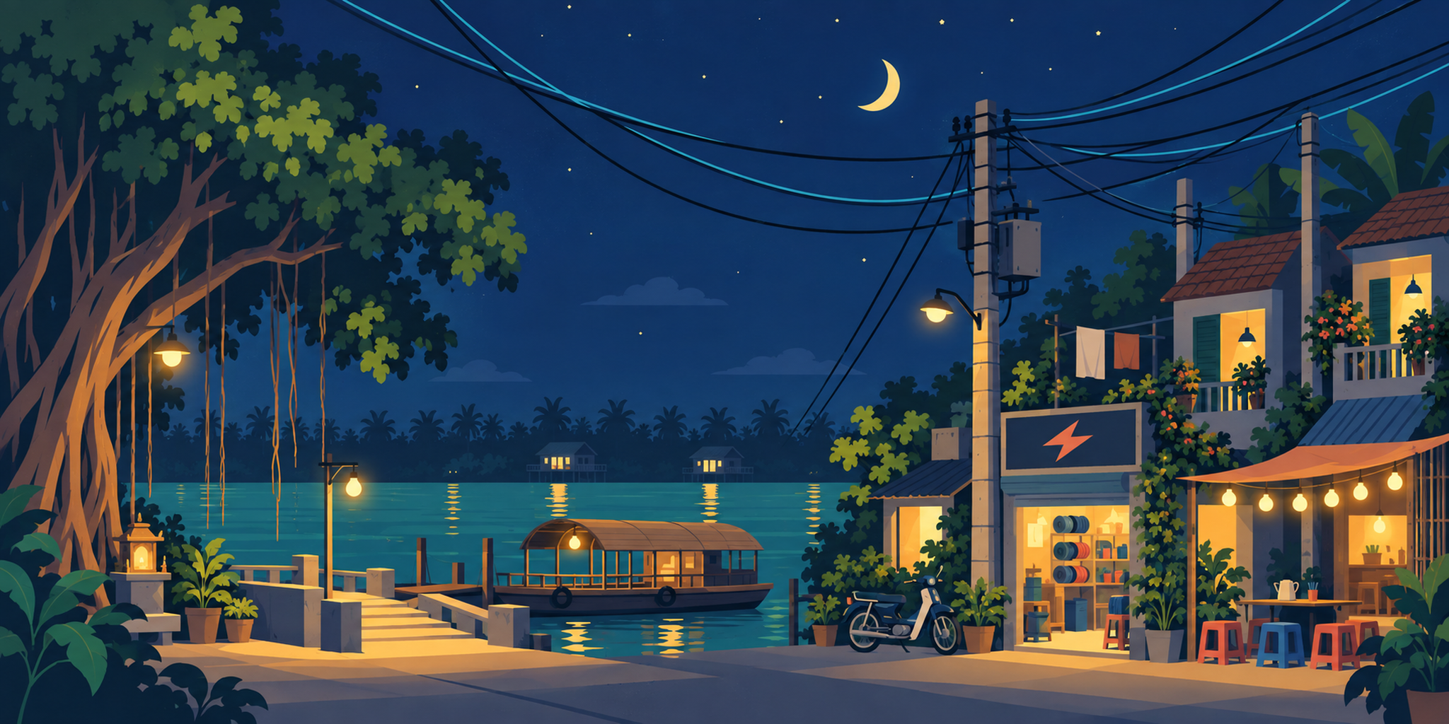 Illustrated ferry landing with warm homes, a tree and a river under the evening sky