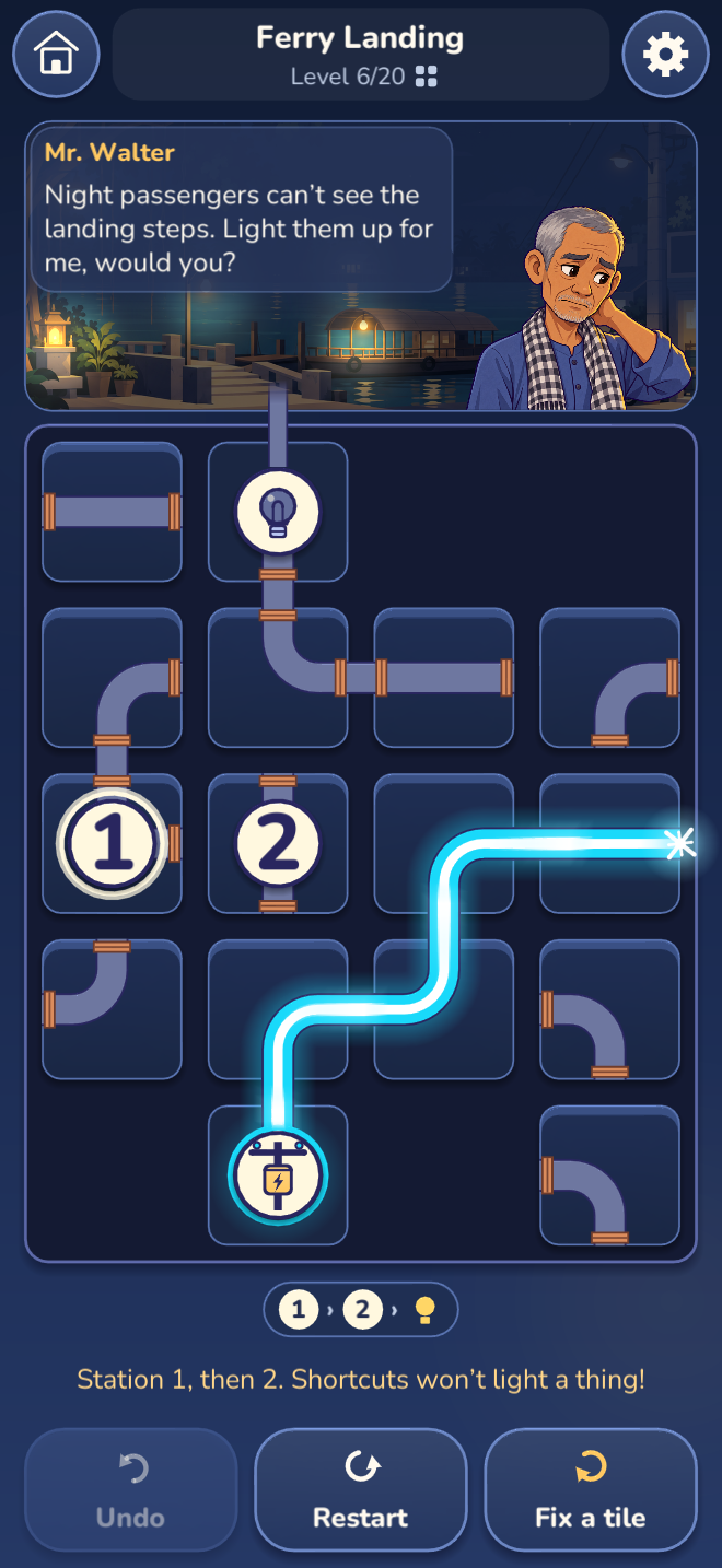 A wire puzzle with a battery, numbered stations, glowing electric paths and Mr. Walter waiting for his light