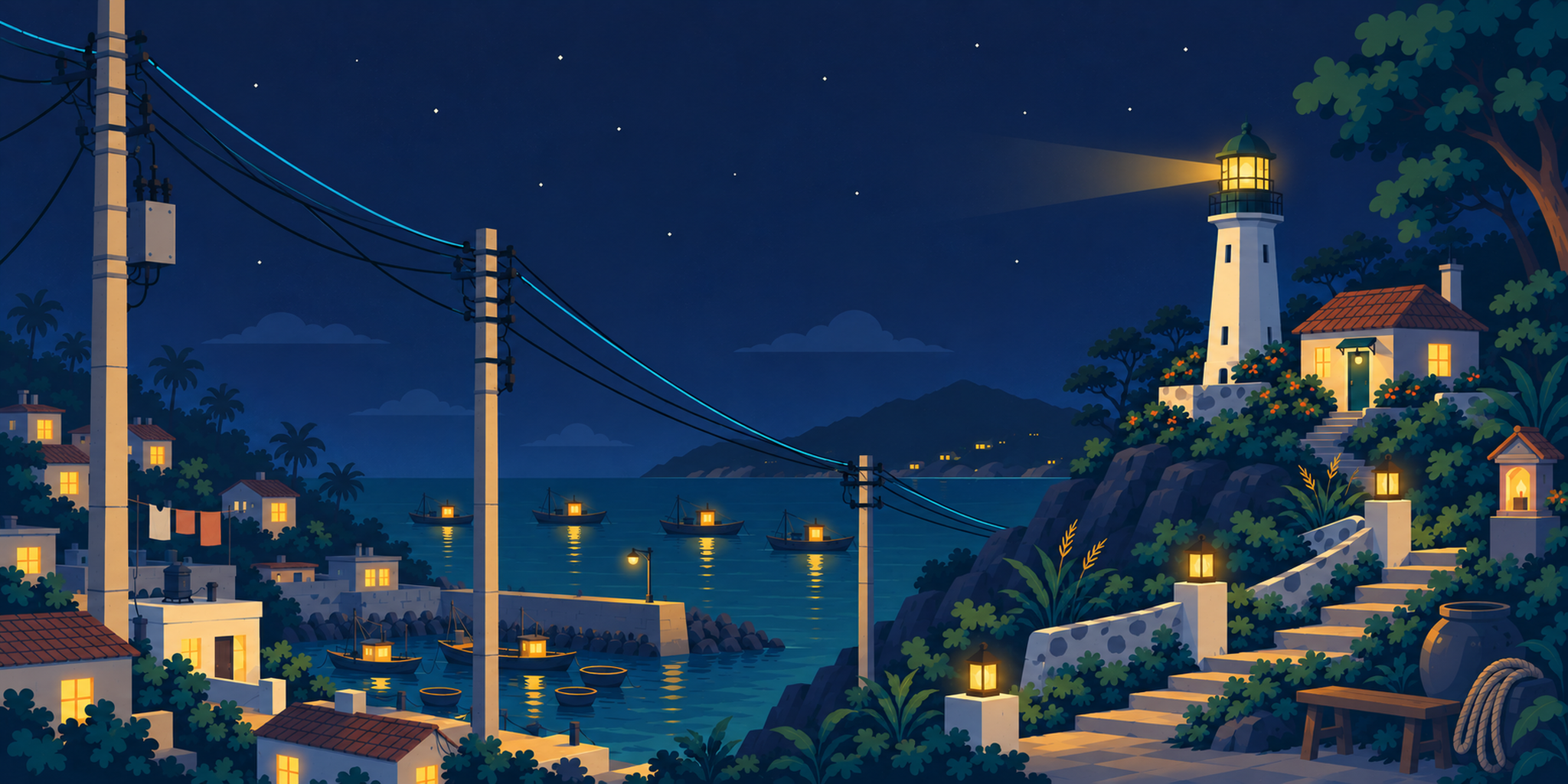 Illustrated lighthouse on a coastal hill with seaside homes and a starry sky