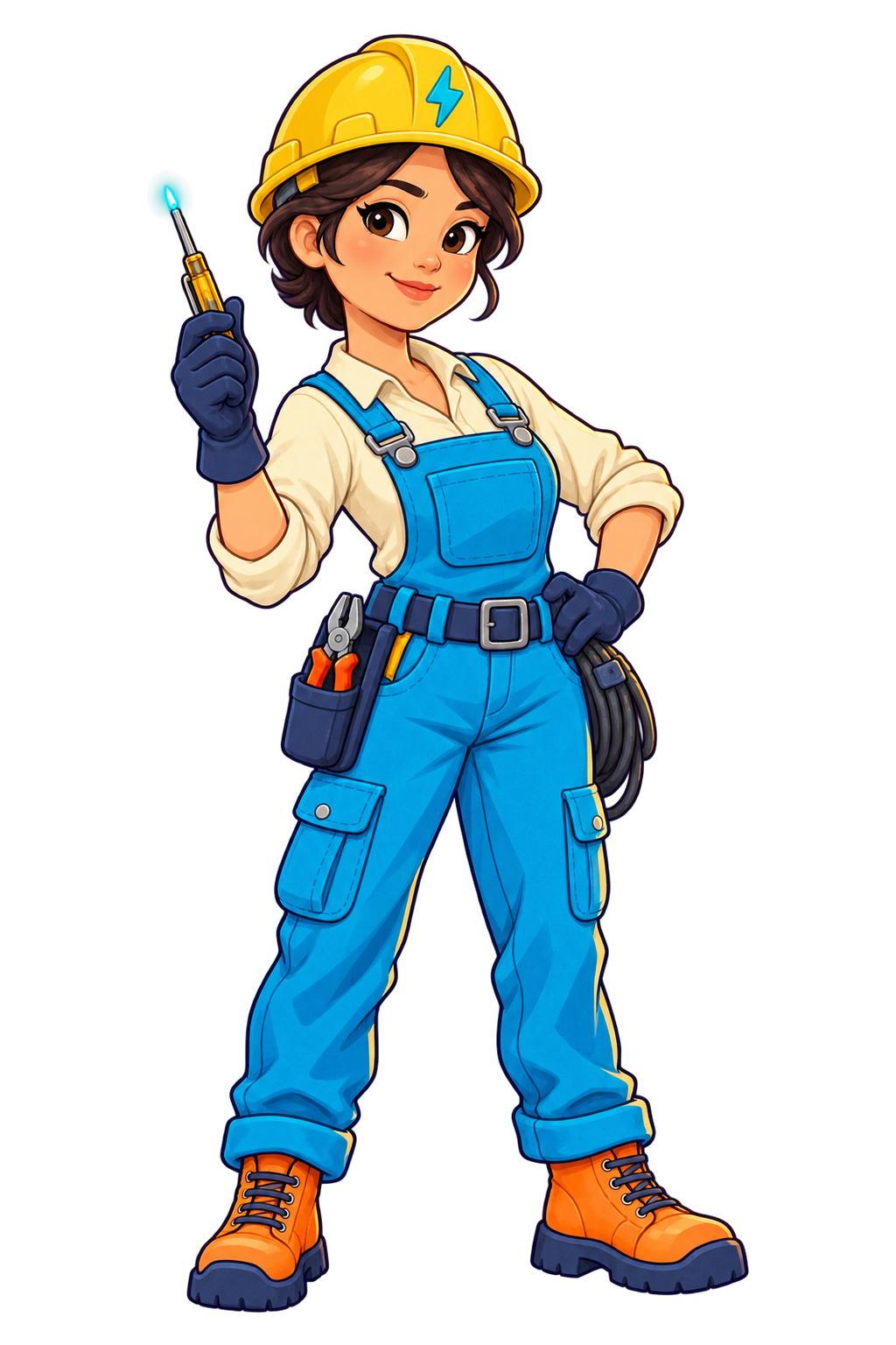 Tia, a smiling electrician in blue overalls and a yellow hard hat, holding a glowing electric tool